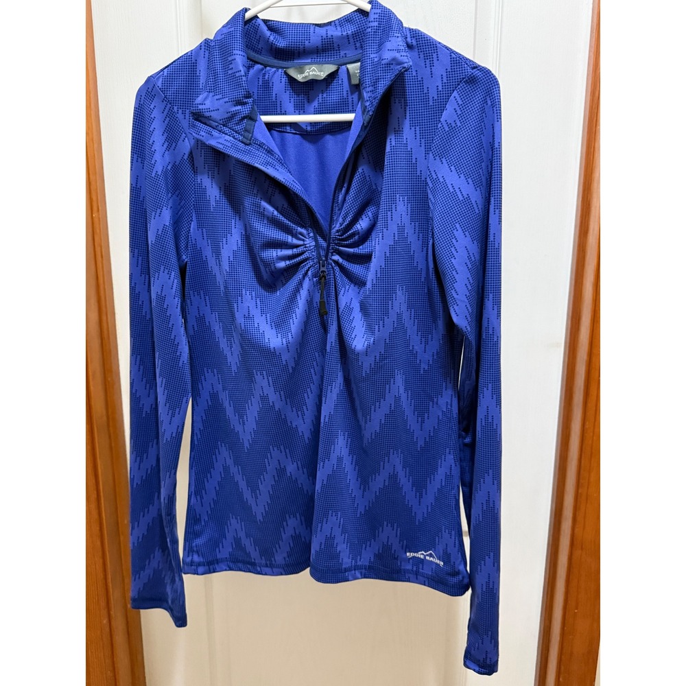 Eddie Bauer Womens Blue Chevron Dot Quarter Zip Pullover Thumbhole Top Medium